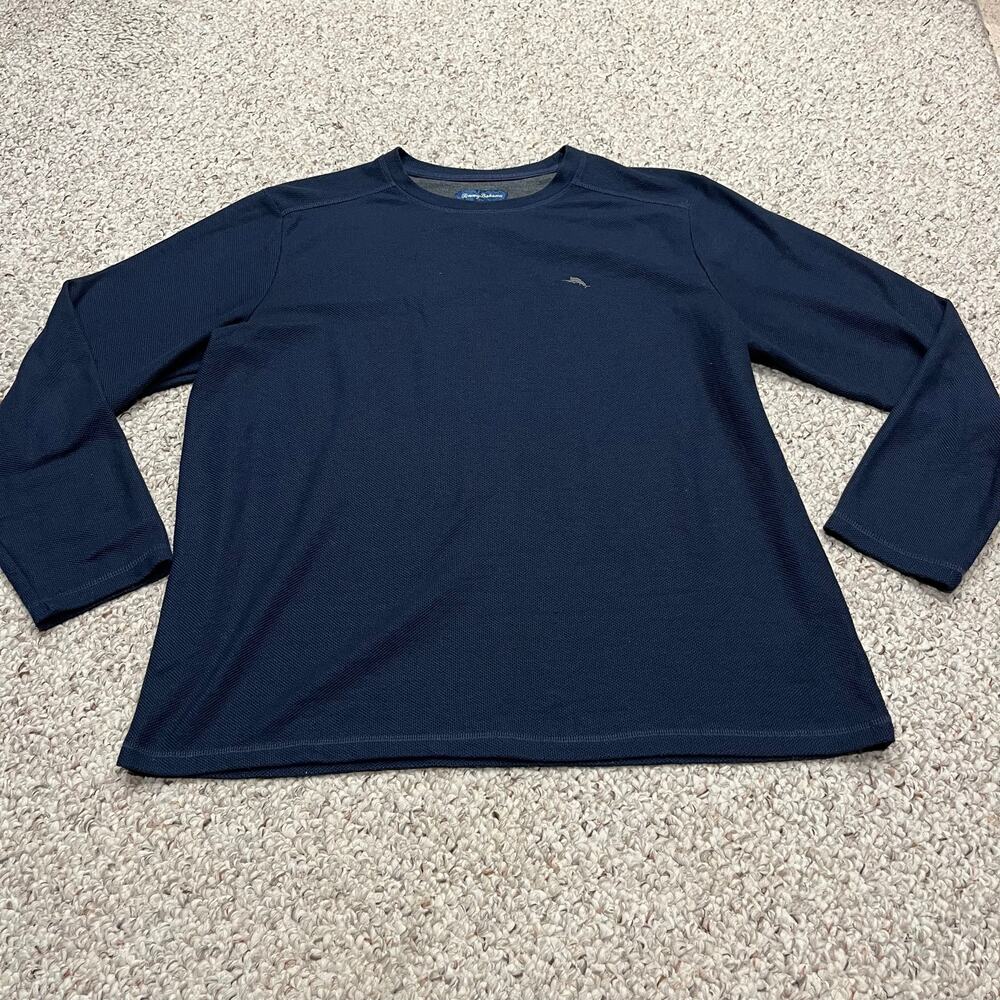 Tommy Bahama Mens Waffle Knit Crewneck Pullover L Navy Blue Casual Thermal